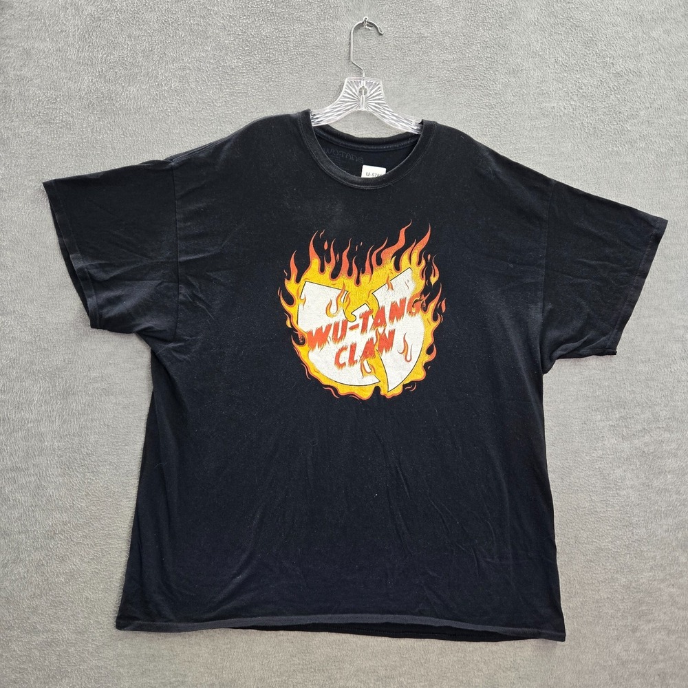 Wu‎ Tang Men Shirt XXL Black On Fire Flame Logo Graphic Short Sleeve
